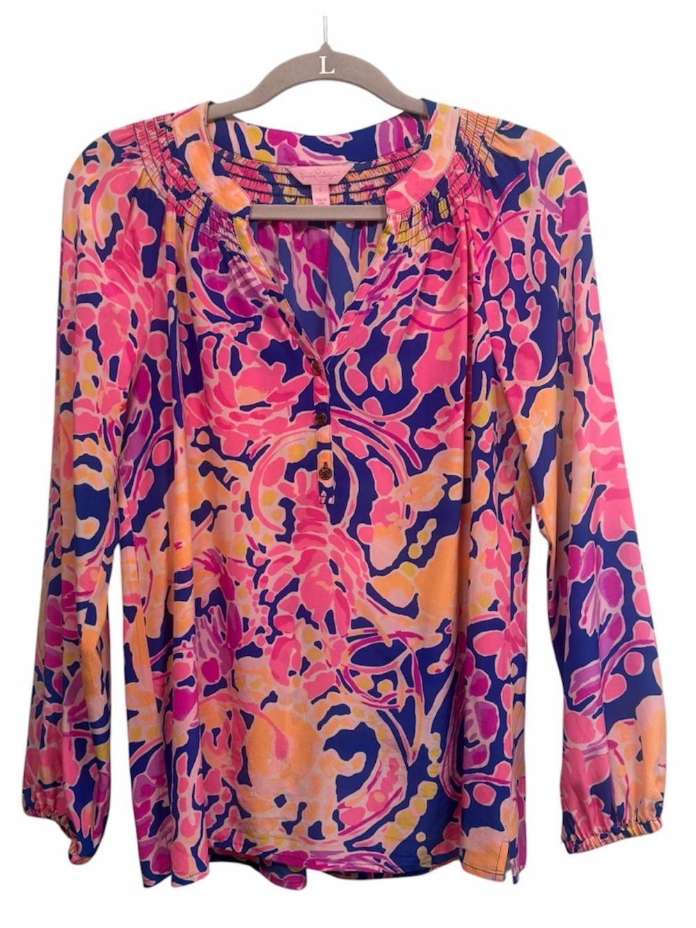 Lilly Pulitzer Elsa 100% silk top in print “Catch and Release,” size small